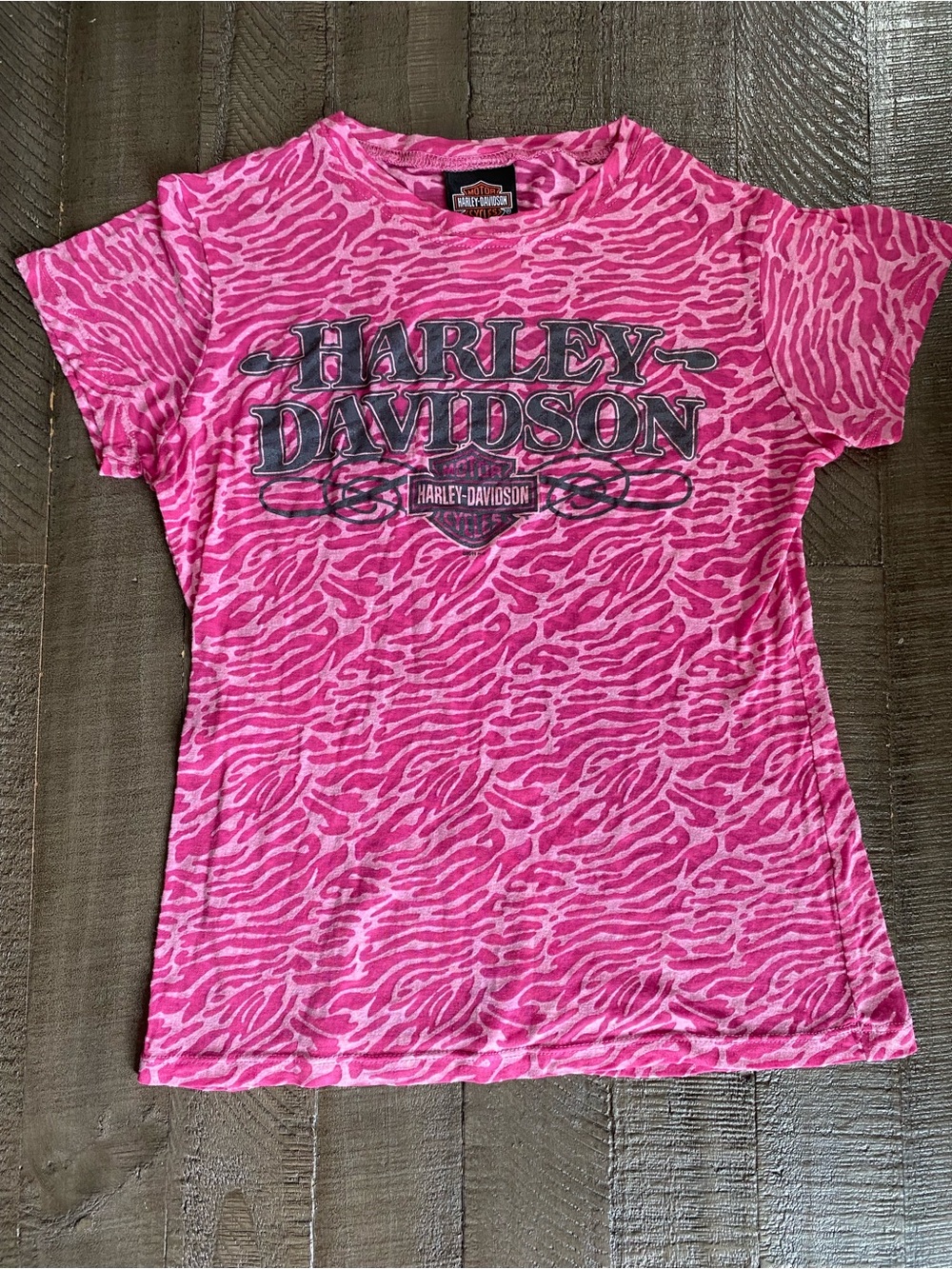 Vintage Y2K Harley Davidson Hot Pink Zebra Print T-Shirt Women’s Size XS Biker